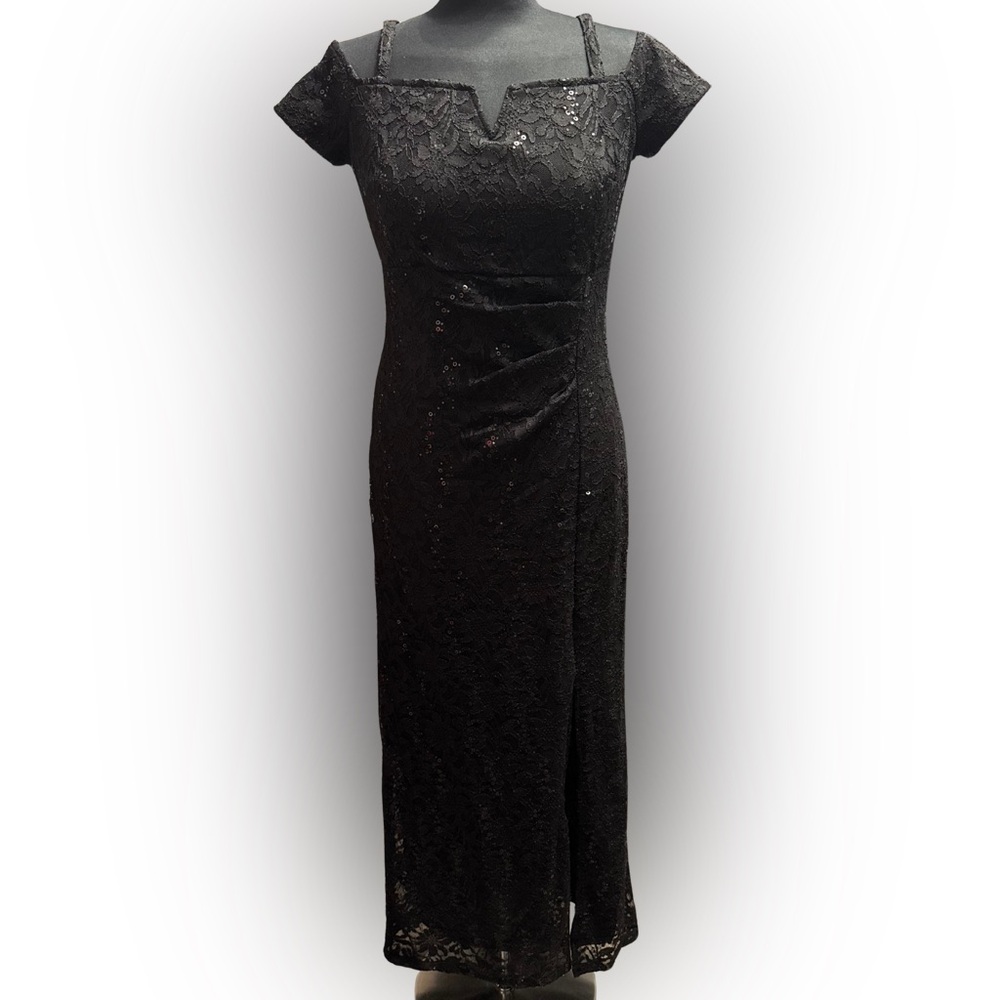 Candalite Black Lace Sequin Cold Shoulder Formal Gown | Size Small